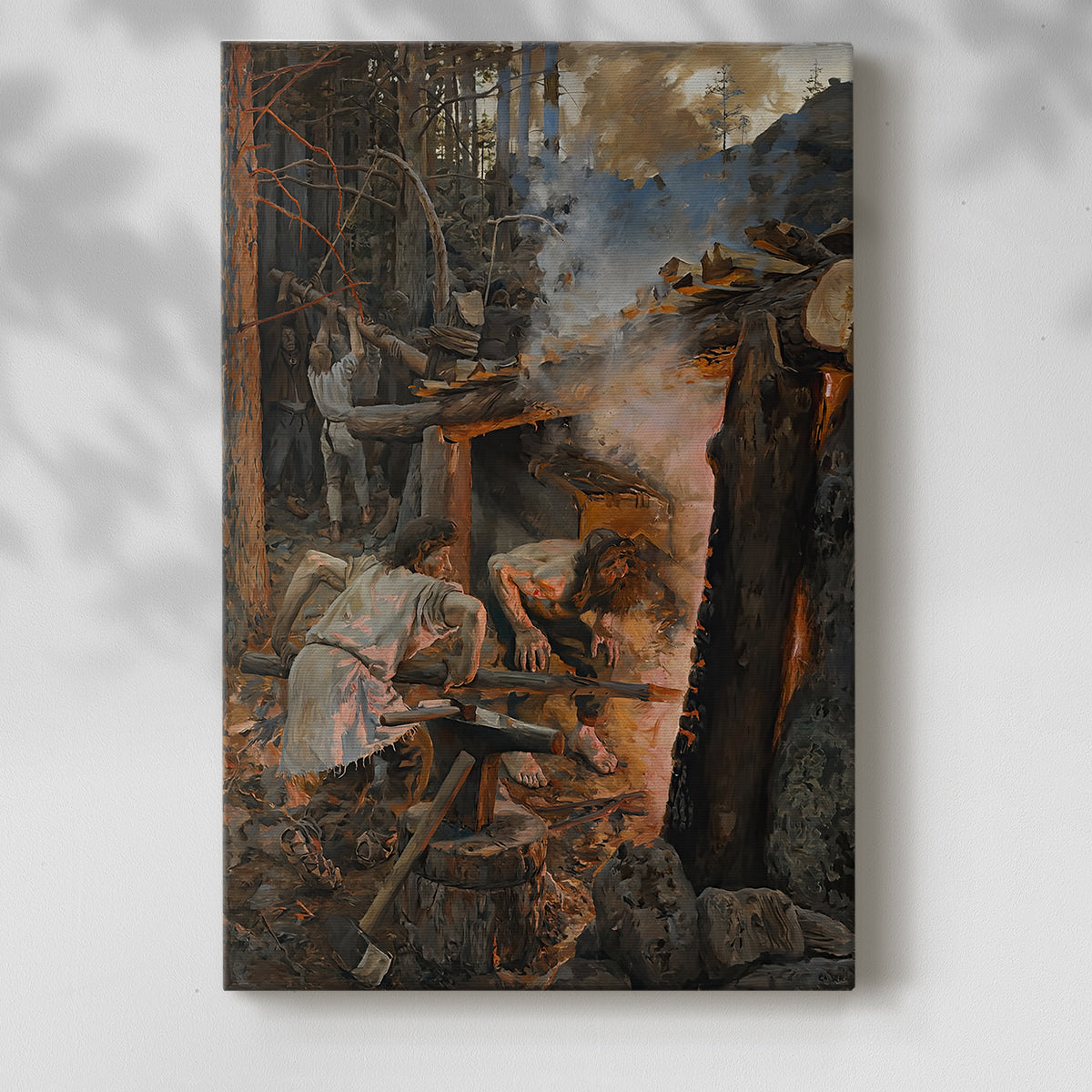 Canvas art print of a dramatic folklore scene with blacksmiths working over a fiery forge with a soft shadow on a white background.