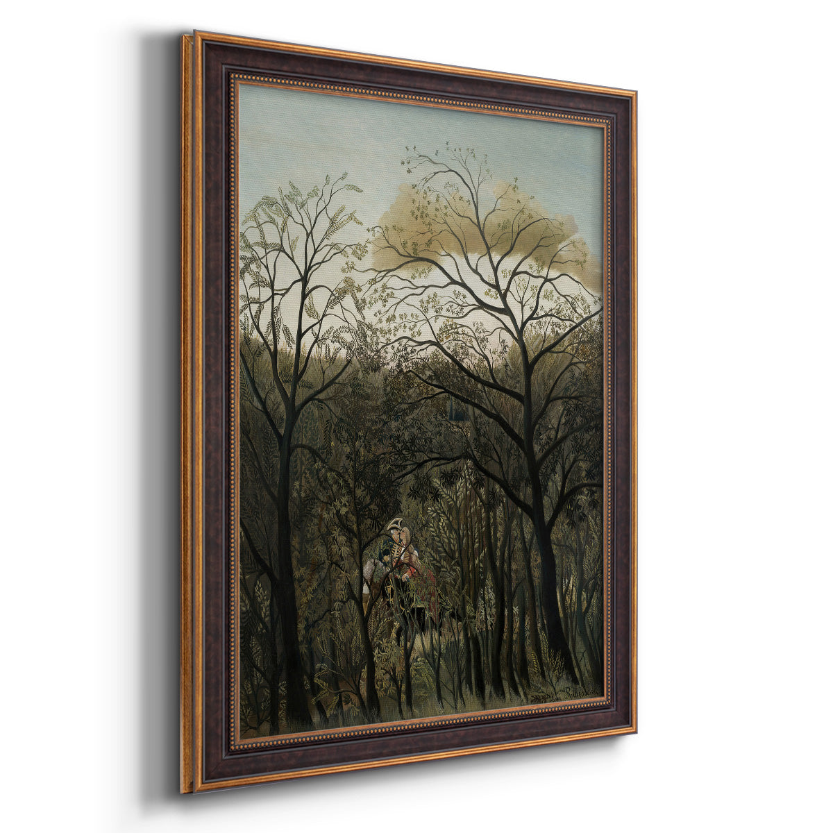 Dreamlike forest landscape scene by Henri Rousseau printed on canvas in an ornate bronzed mahogany wood frame with a vertical orientation.