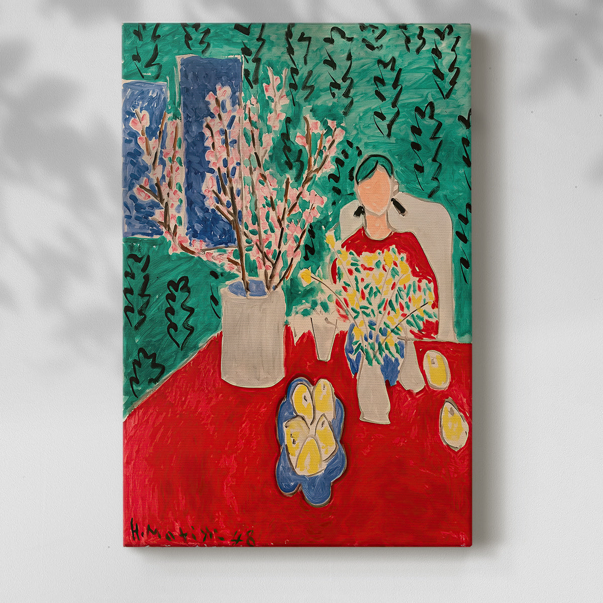 Canvas art print of a floral composition with bright tones and simple forms with a soft shadow on a white background.