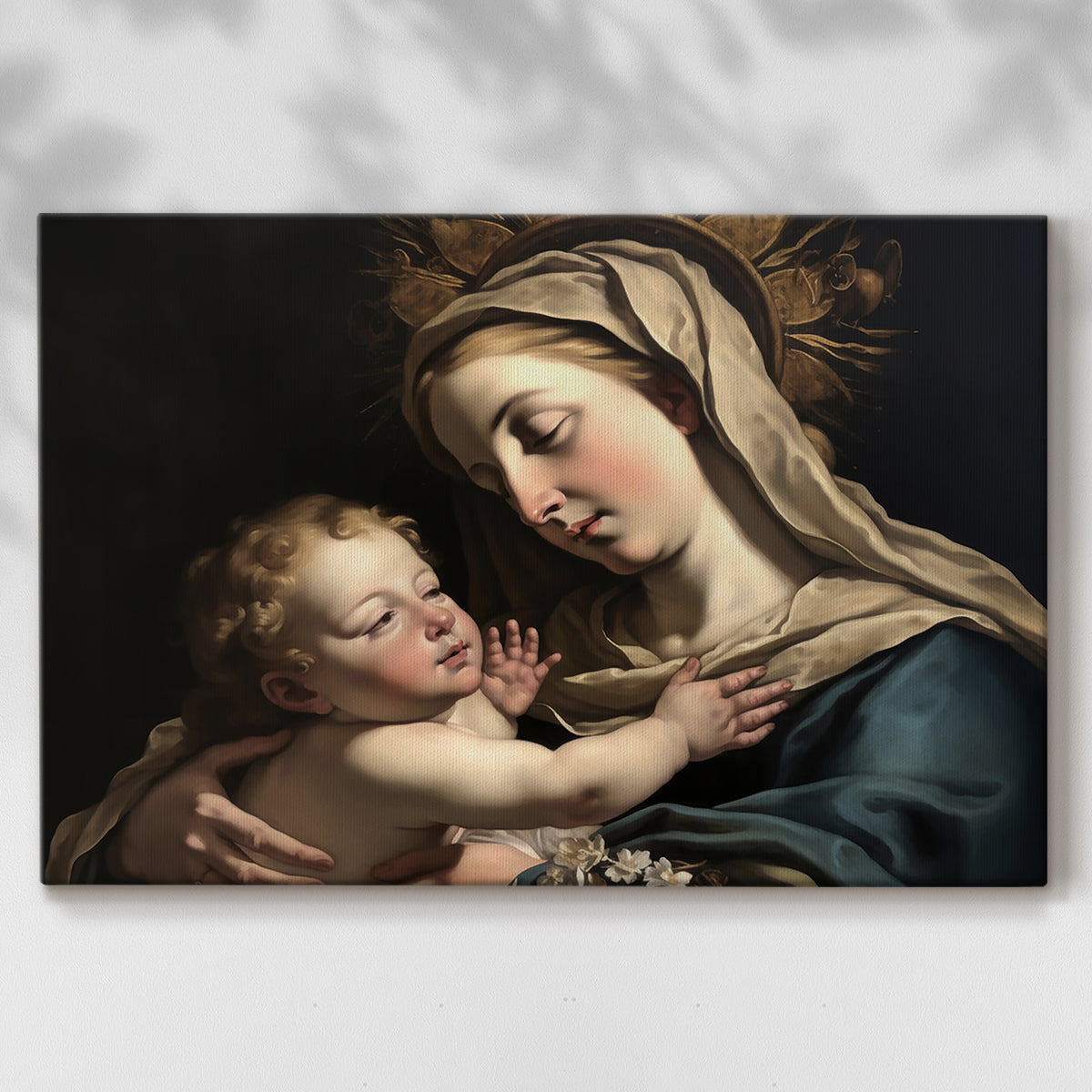 Mother and child embrace in a serene moment set against a dark background highlighting devotion and tenderness