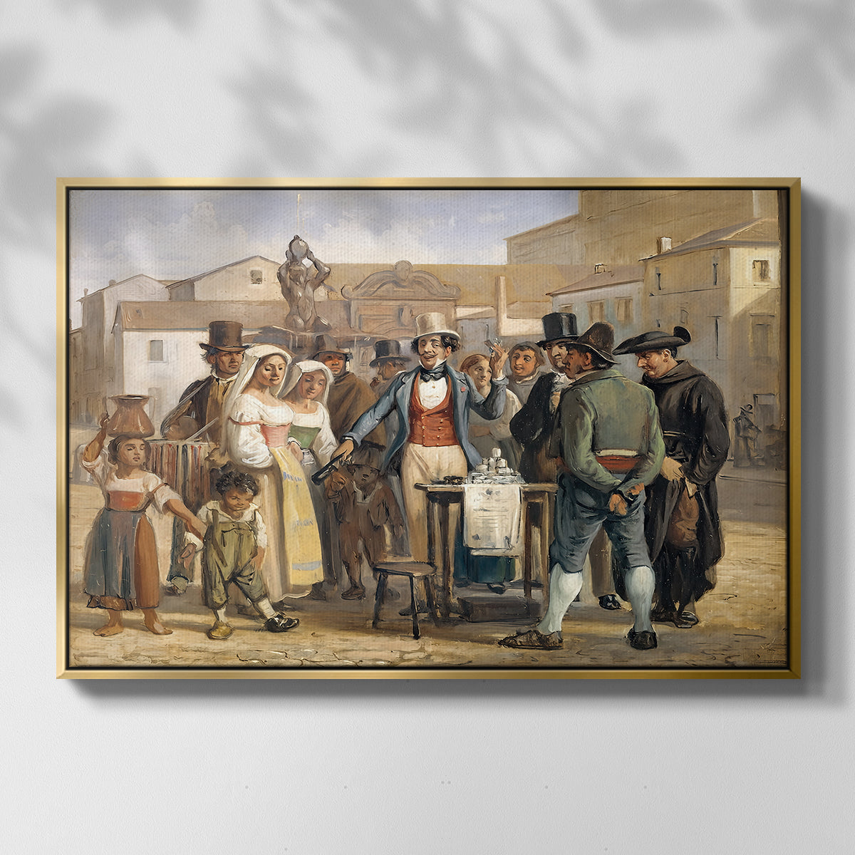 A Charlatan Selling Blacking in the Piazza Barberini in Rome, c. 1840-1849 - Floater Framed Canvas Print