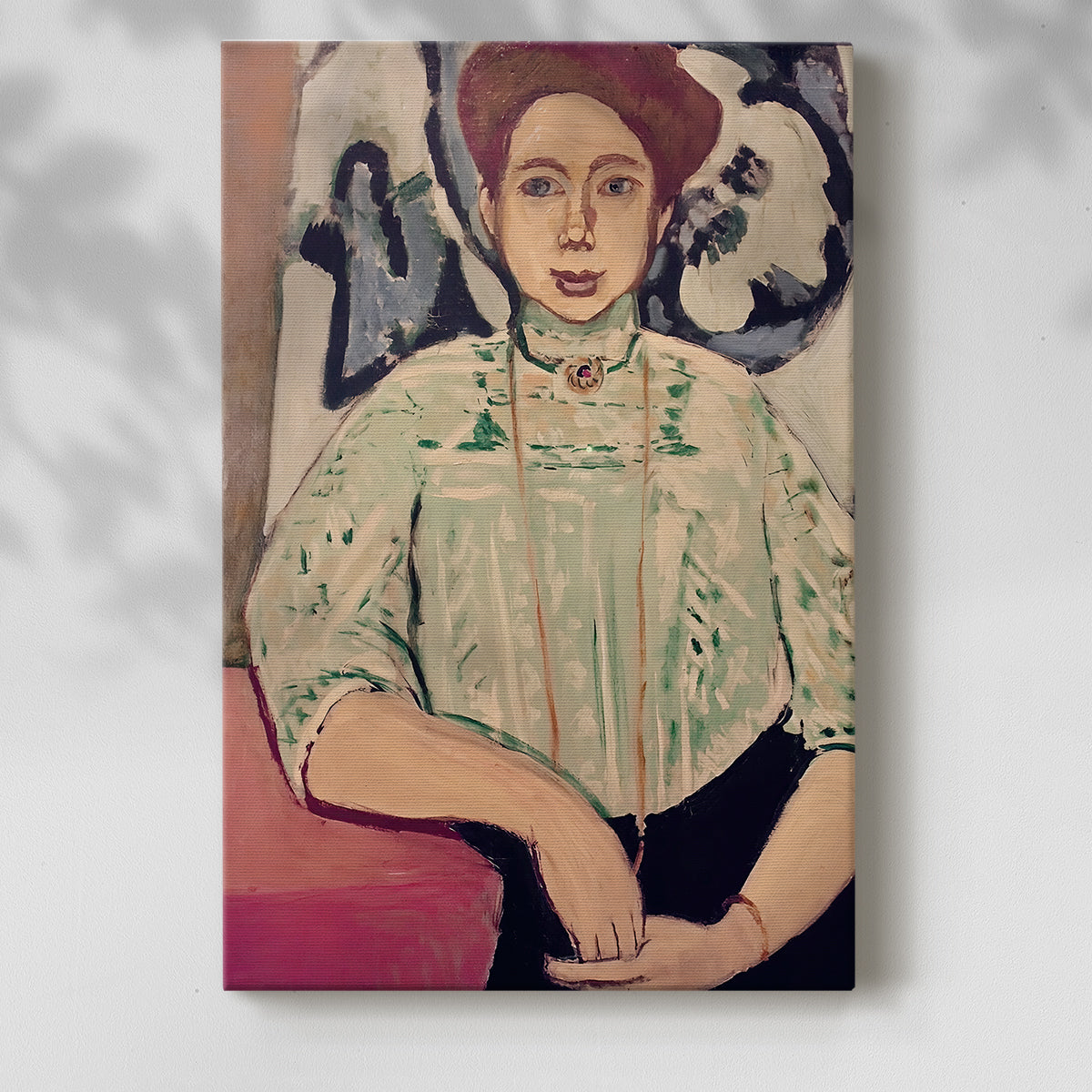 Canvas art print of a stylized figure with relaxed posture and muted palette with a soft shadow on a white background.