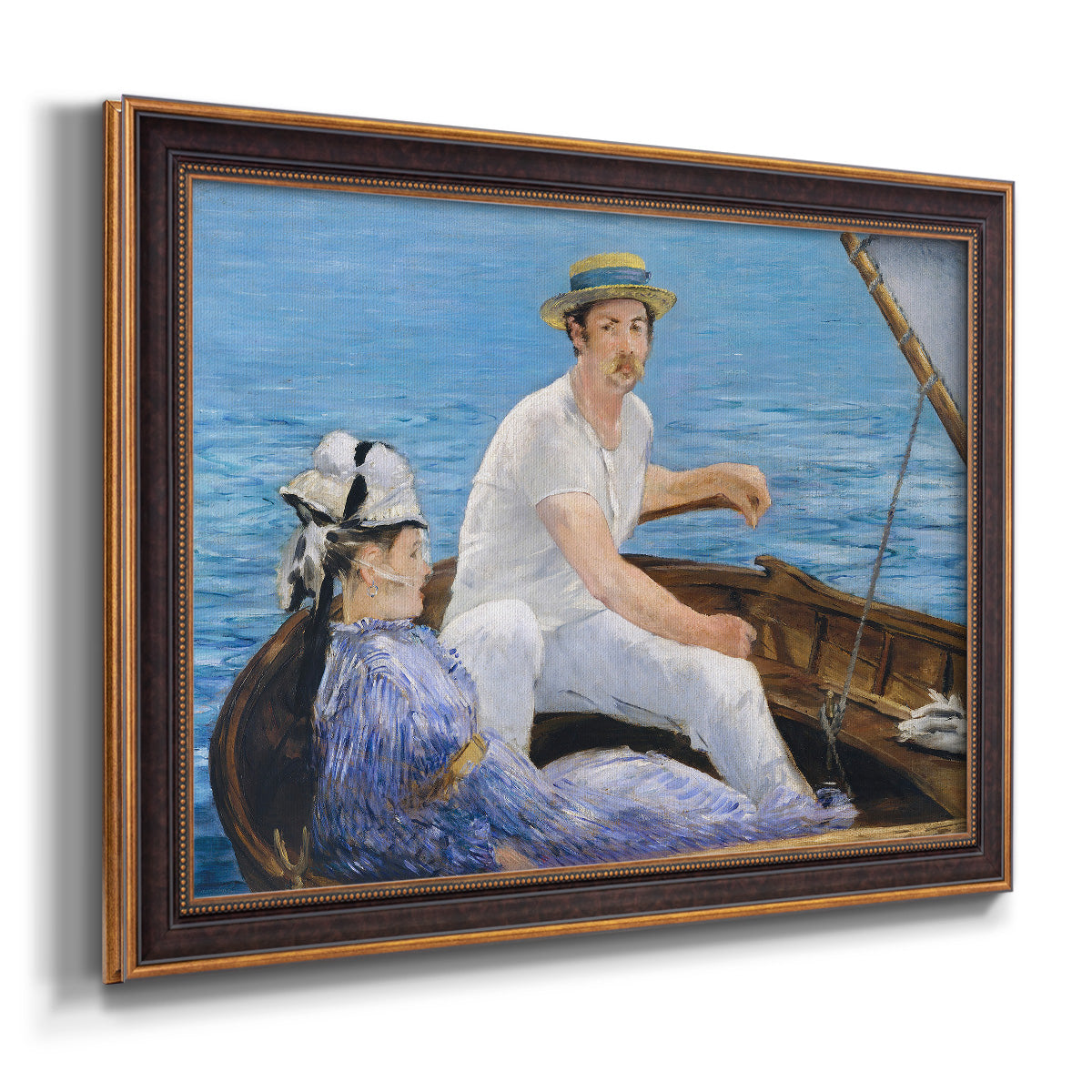 Impressionist leisure boating scene by Édouard Manet printed on canvas in an ornate bronzed mahogany wood frame.
