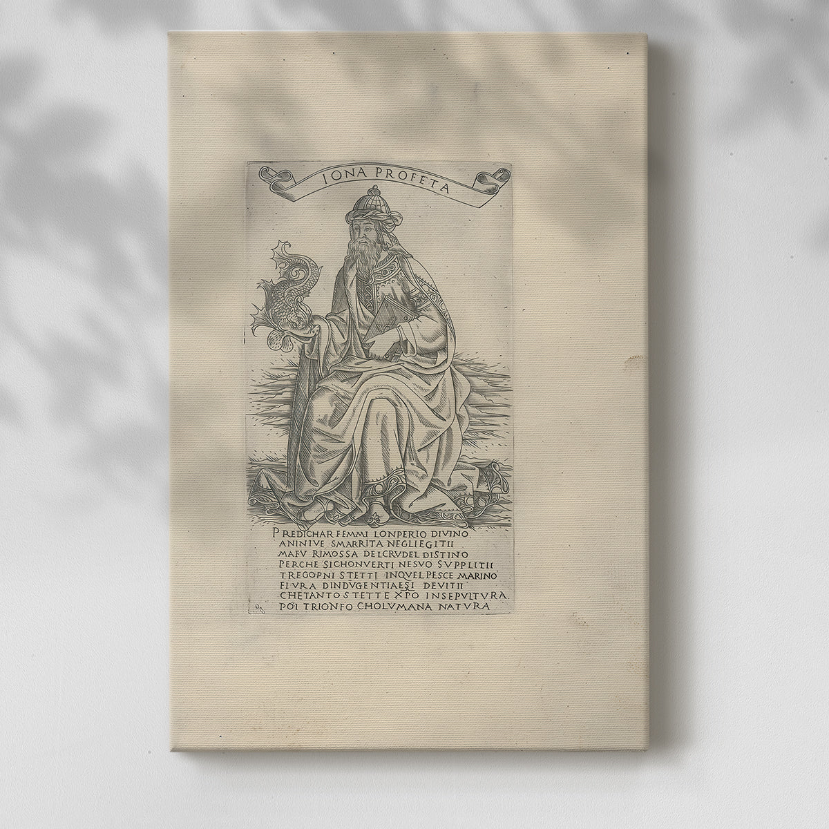 Canvas art print of a classical figure with etched lines and simple composition with a soft shadow on a white background.