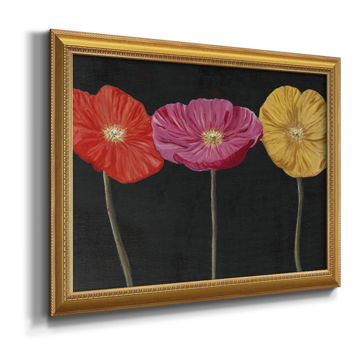 Contemporary poppy flower artwork printed on canvas in an ornate antique gold frame.