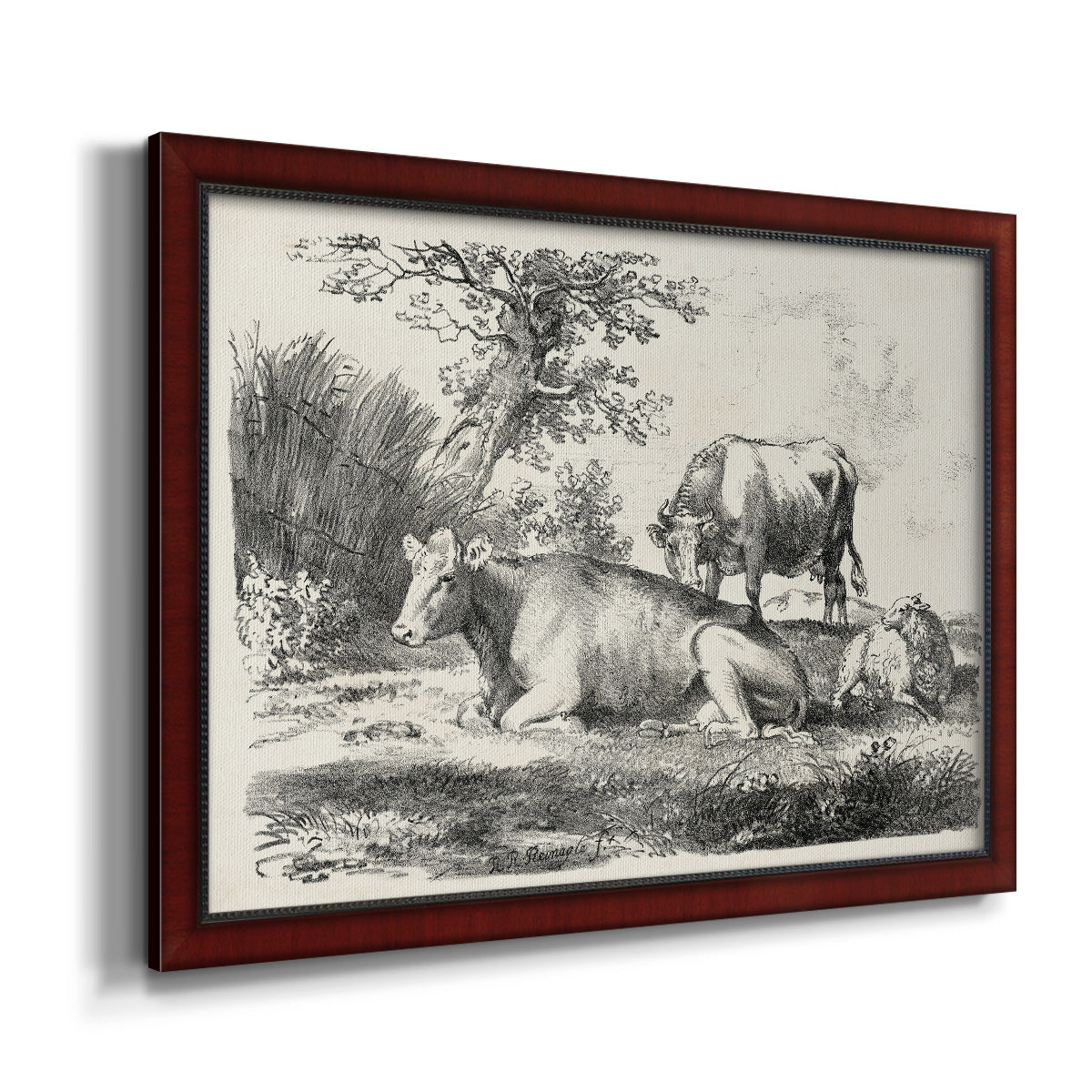 Classical pastoral landscape artwork by Nicolas Berchem printed on canvas in an ornate cherry burl wood frame.