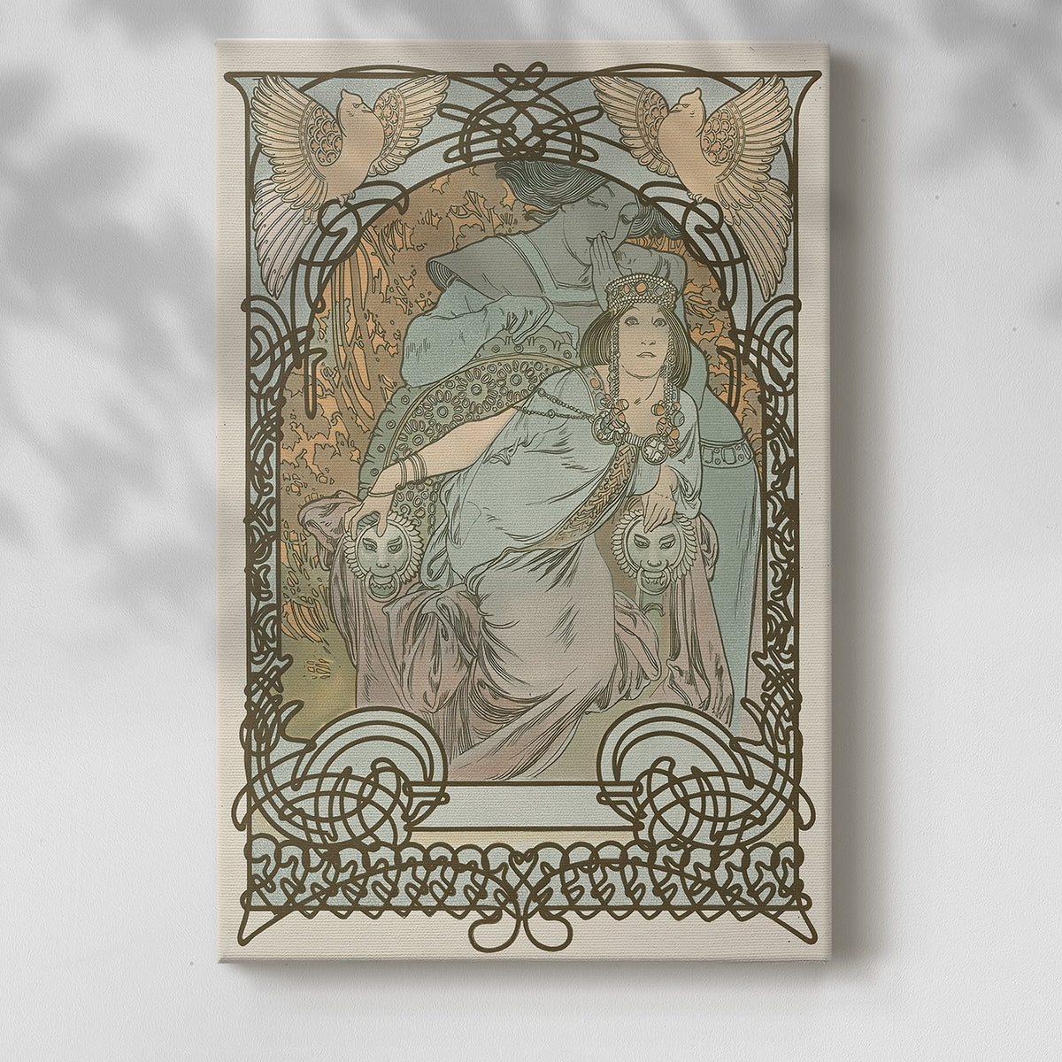 Canvas art print of a stylized female figure with intricate patterns and soft tones with a soft shadow on a white background.