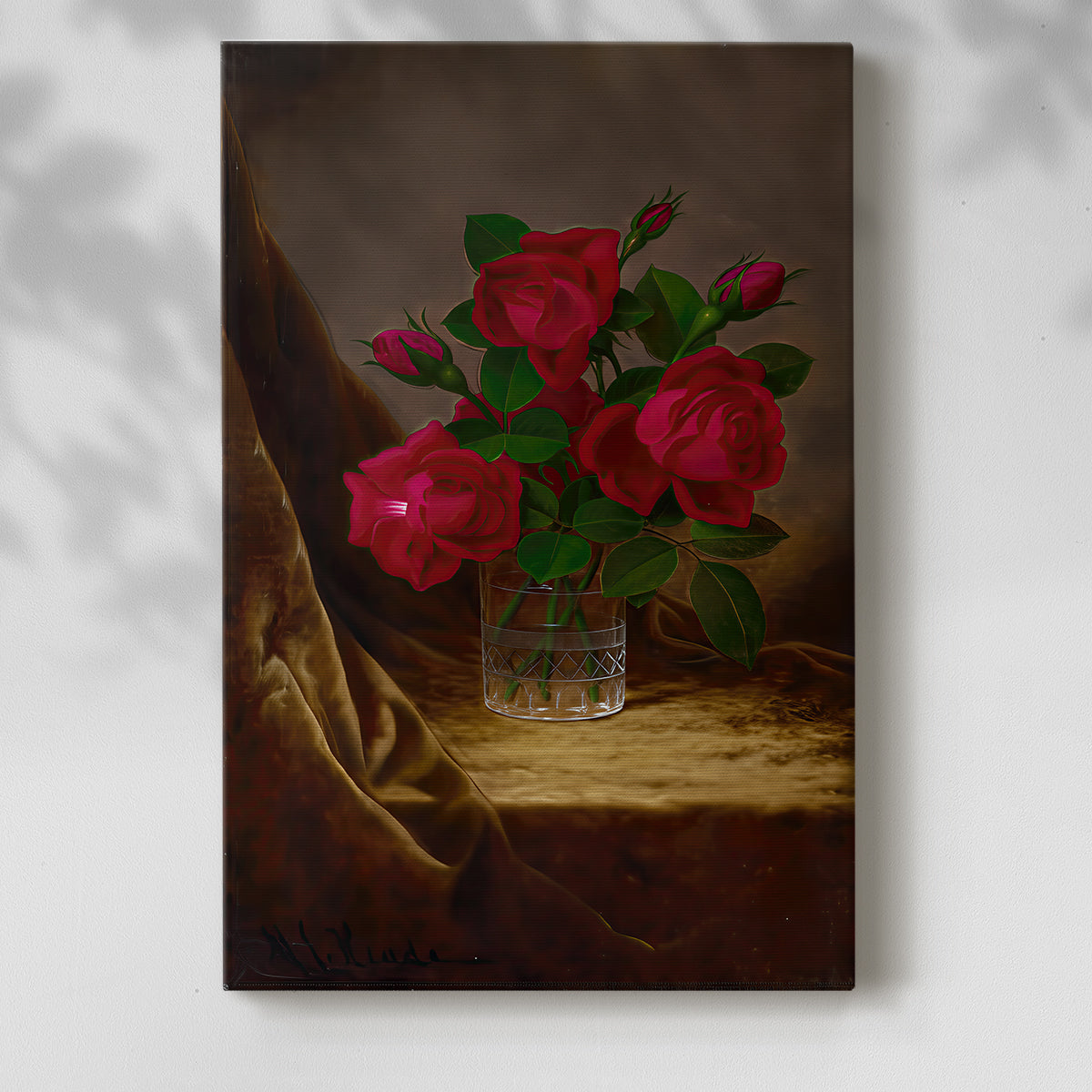 Canvas art print of a floral composition with rich tones and delicate petals with a soft shadow on a white background.