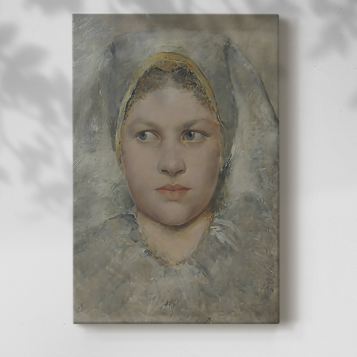 Canvas art print of a delicate head study with light shading and calm features with a soft shadow on a white background.