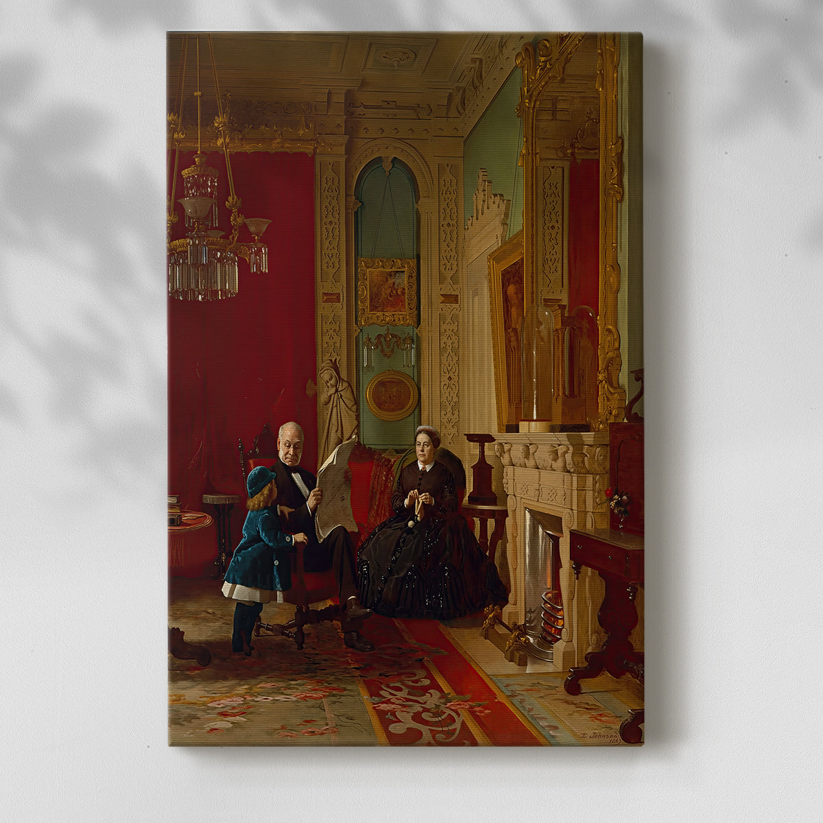 Canvas art print of a multi-figure composition with formal poses and soft light with a soft shadow on a white background.