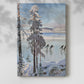 Canvas art print of a peaceful winter landscape with skaters on ice beside a forest shoreline with a soft shadow on a white background.