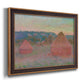 Impressionist haystack series landscape by Claude Monet printed on canvas in an ornate bronzed mahogany wood frame.