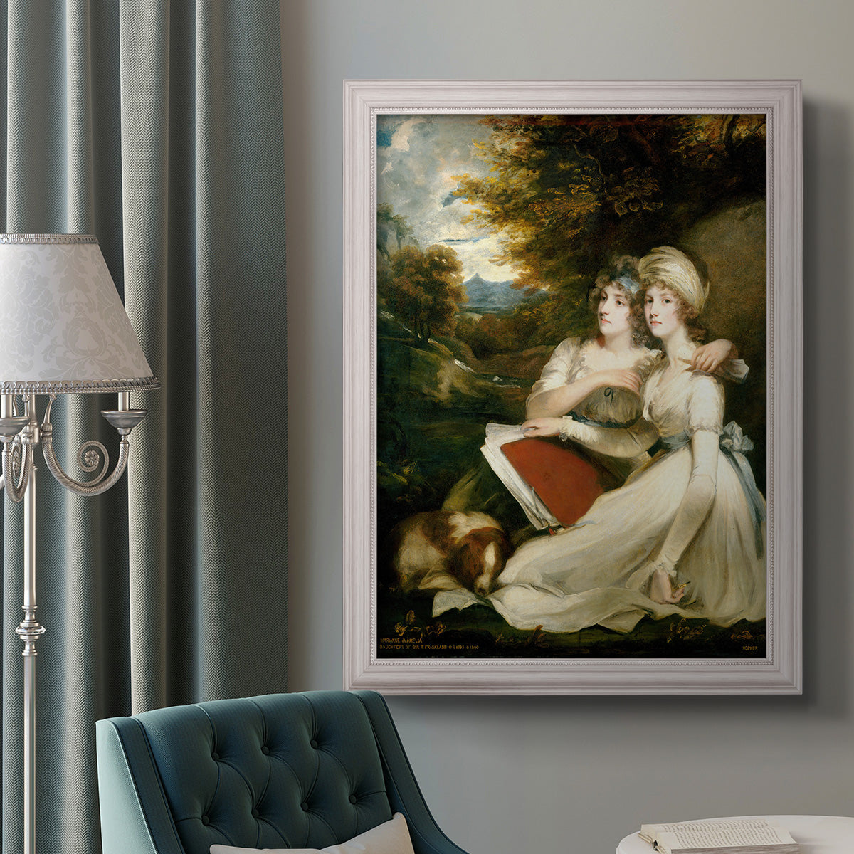 Classical portrait of the Frankland sisters by John Hoppner in an ornate weathered white frame displayed in a neutral interior setting.
