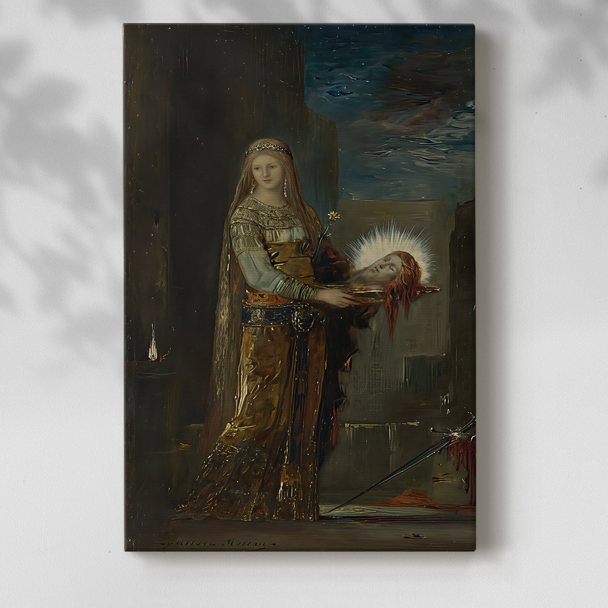 Canvas art print of a dark composition with a central figure and strong contrast with a soft shadow on a white background.