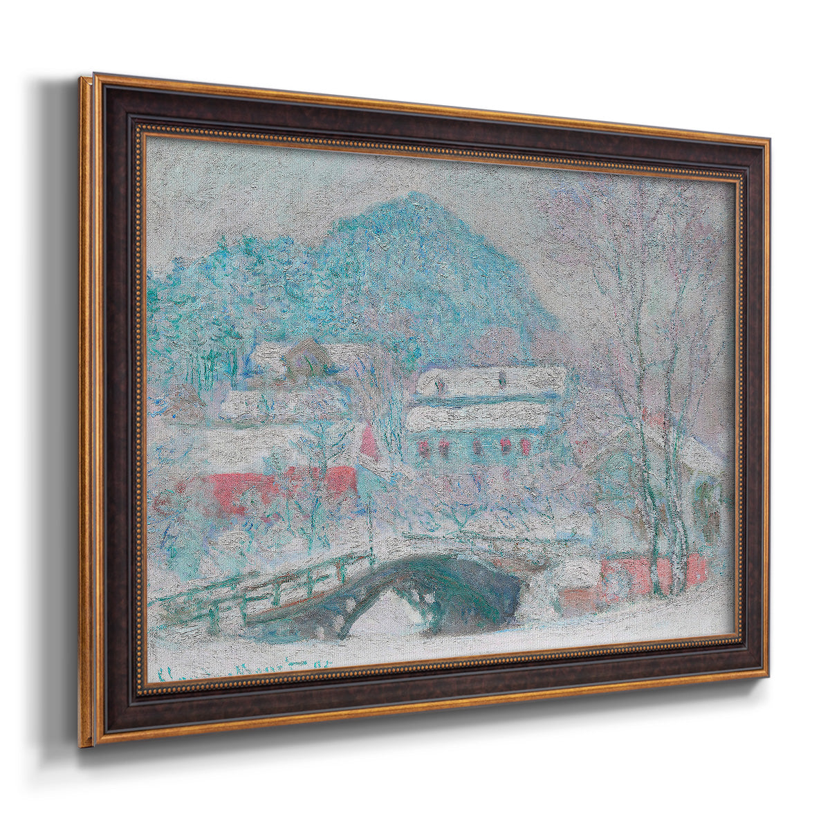 Impressionist coastal village landscape in Norway by Claude Monet printed on canvas in an ornate bronzed mahogany wood frame.