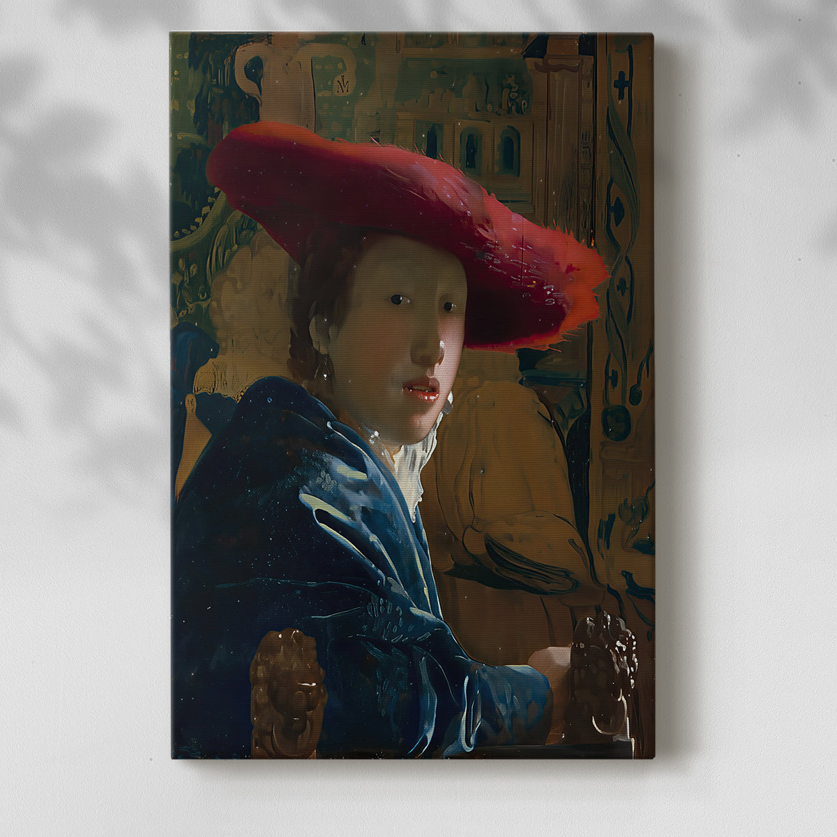 Canvas art print of a close-up figure with bold tones and soft light with a soft shadow on a white background.