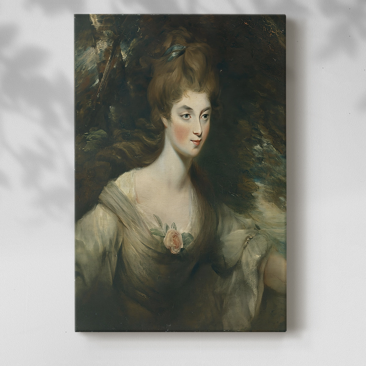 Canvas art print of a composed female figure with delicate tones and calm expression with a soft shadow on a white background.