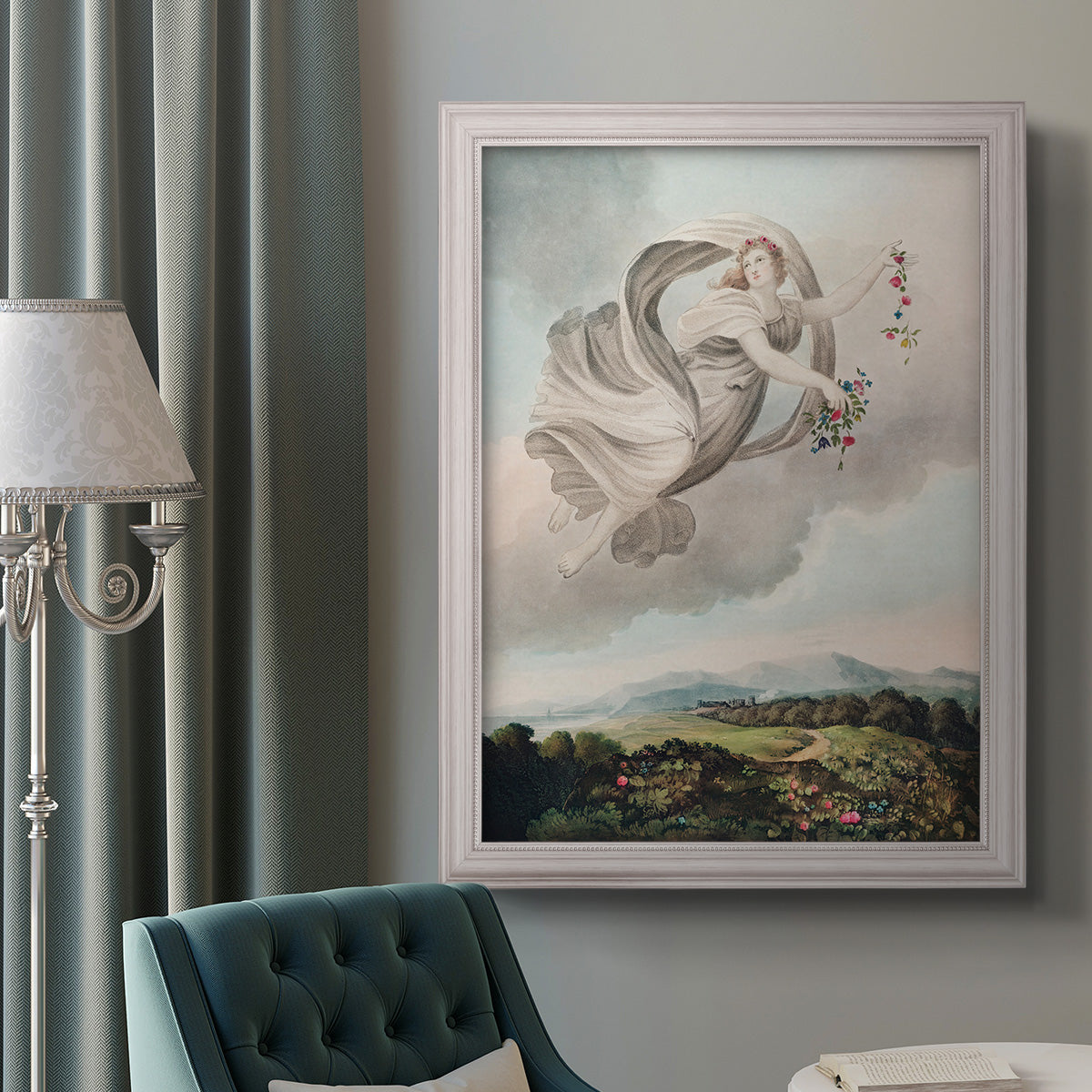 Classical allegorical depiction of the goddess Flora by Robert John Thornton in an ornate weathered white frame displayed in a neutral interior setting.