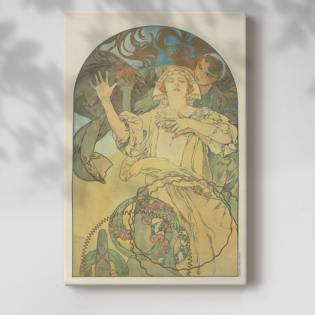 Canvas art print of a vintage advertisement featuring a stylized female figure and typography with a soft shadow on a white background.