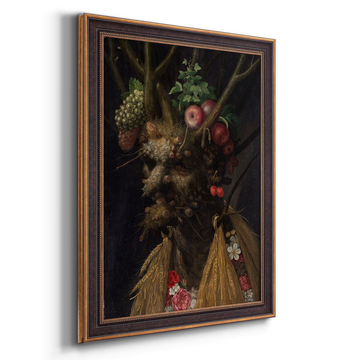 Surreal allegorical portrait representing the four seasons by Giuseppe Arcimboldo printed on canvas in an ornate bronzed mahogany wood frame with a vertical orientation.