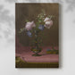 Canvas art print of a floral composition with layered blooms and subtle color with a soft shadow on a white background.