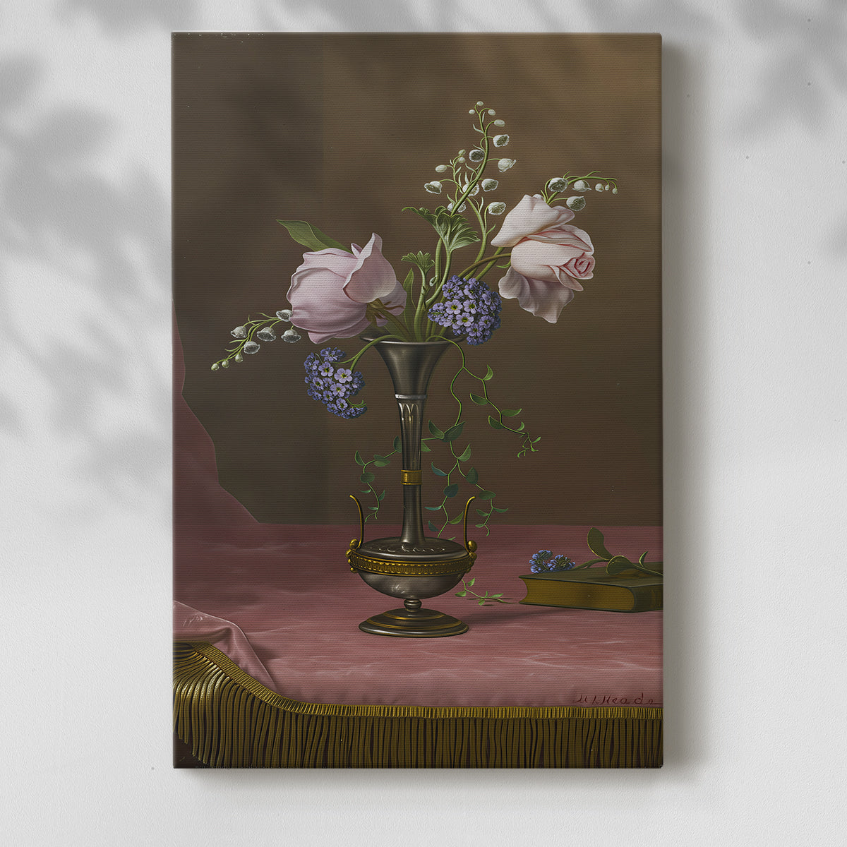 Canvas art print of a floral composition with layered blooms and subtle color with a soft shadow on a white background.