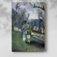 Canvas art print of a stylized landscape with people and bold green tones with a soft shadow on a white background.
