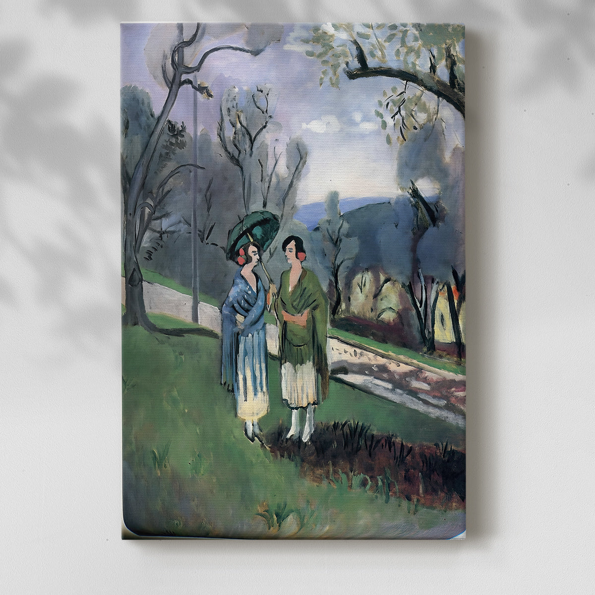 Canvas art print of a stylized landscape with people and bold green tones with a soft shadow on a white background.