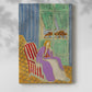 Canvas art print of a stylized figure with bold textile design and rich tones with a soft shadow on a white background.