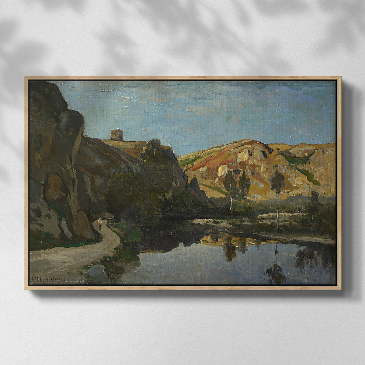River Landscape with Cliffs, c. 1850-1860 - Floater Framed Canvas Print