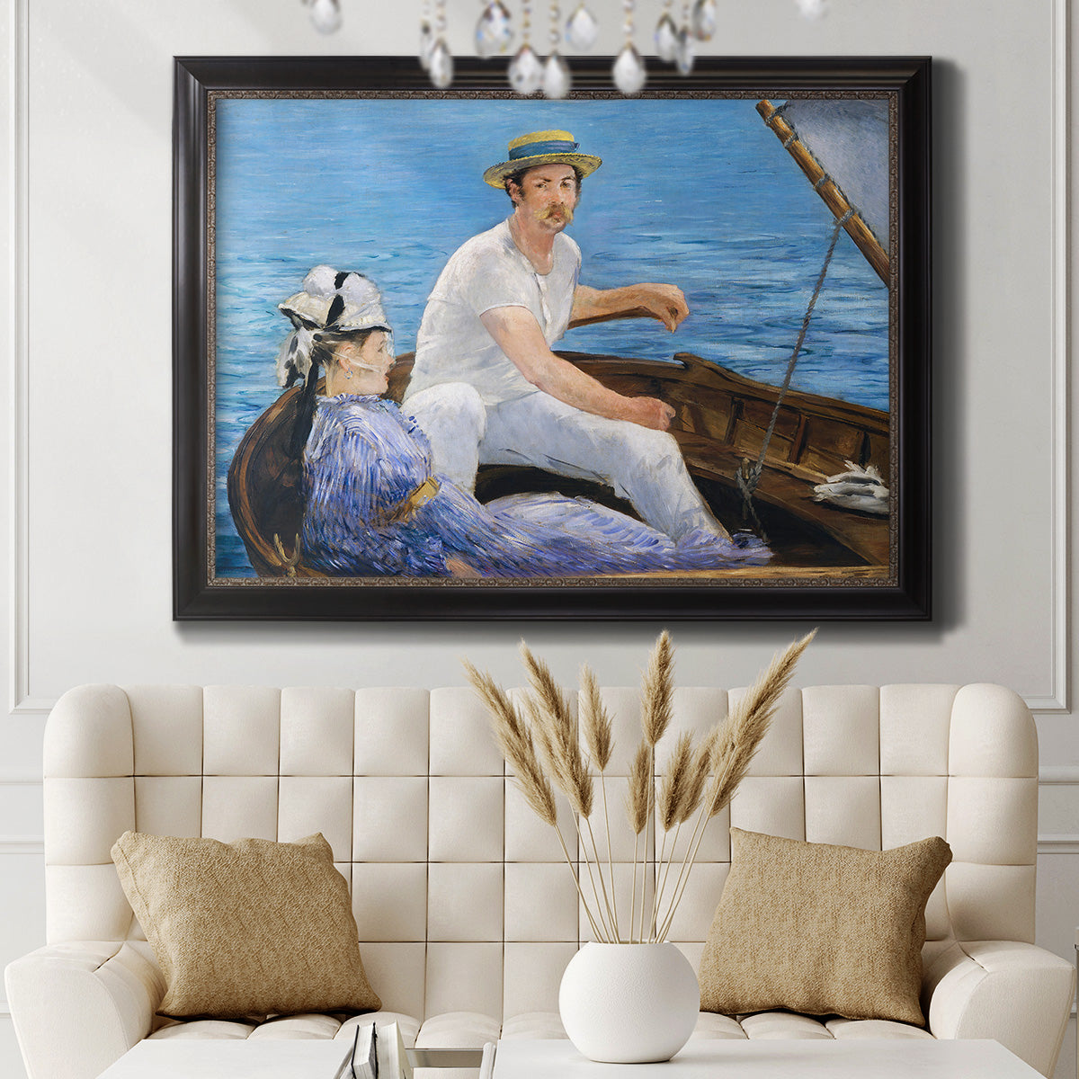 Impressionist leisure boating scene by Édouard Manet in an ornate black frame with gilded inner detail displayed in a neutral-toned interior setting.