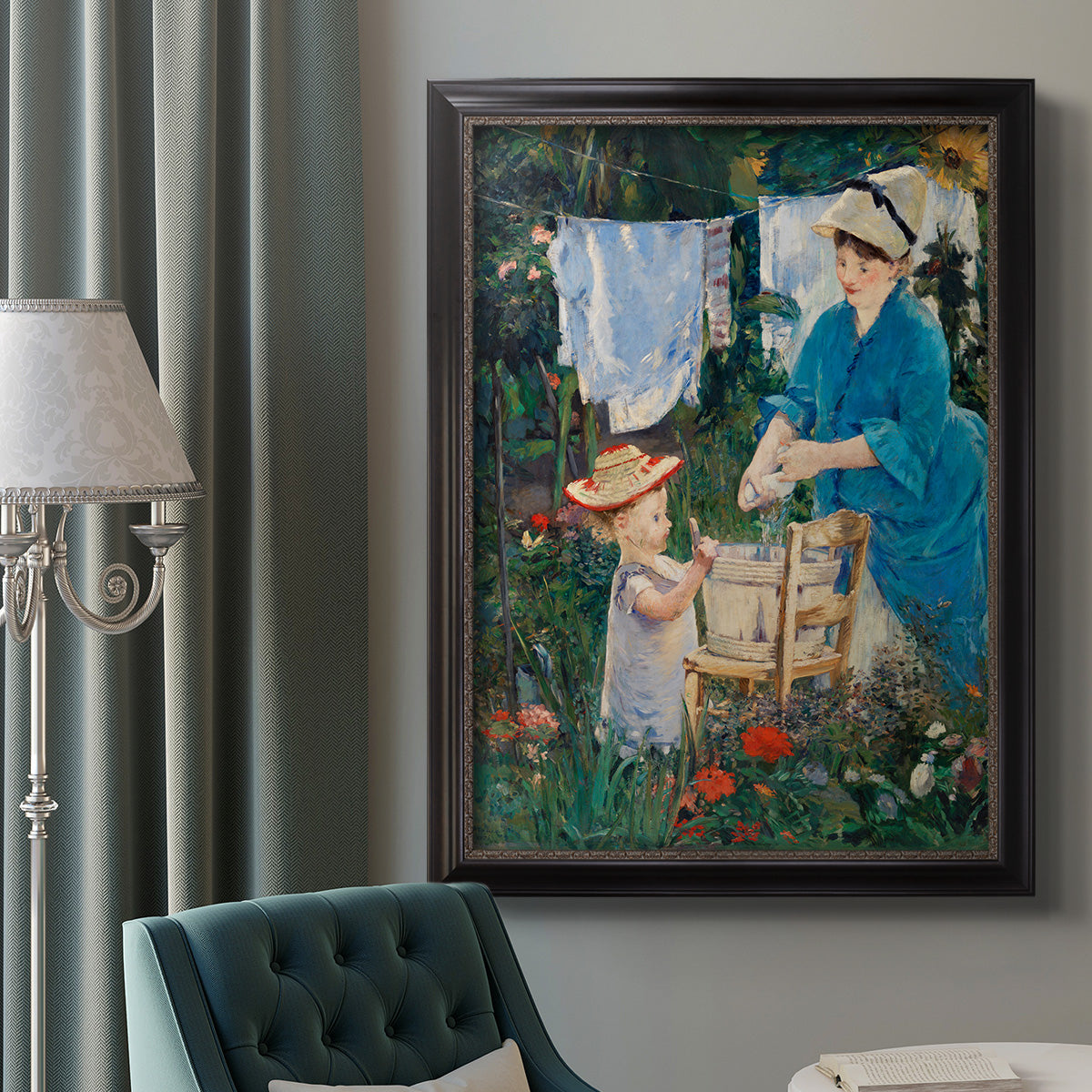 Intimate domestic genre scene by Édouard Manet in an ornate black frame with gilded inner detail displayed in a neutral interior setting.
