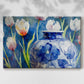 vase,porcelain,floral,watercolor,tulips,blue,art,decoration,background,design,home,creative,nature,colors,artisan,handcrafted,still life,aesthetics,flowers,interior,craftsmanship,botanical,elegance,beauty,showcase,ornament,artistry,floral patterns,vivid,sophisticated,contemporary,tradition,visual art,arrangement,exhibit,collection