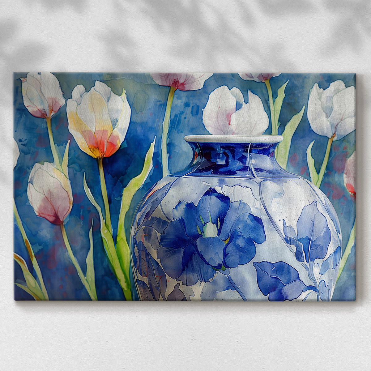 vase,porcelain,floral,watercolor,tulips,blue,art,decoration,background,design,home,creative,nature,colors,artisan,handcrafted,still life,aesthetics,flowers,interior,craftsmanship,botanical,elegance,beauty,showcase,ornament,artistry,floral patterns,vivid,sophisticated,contemporary,tradition,visual art,arrangement,exhibit,collection