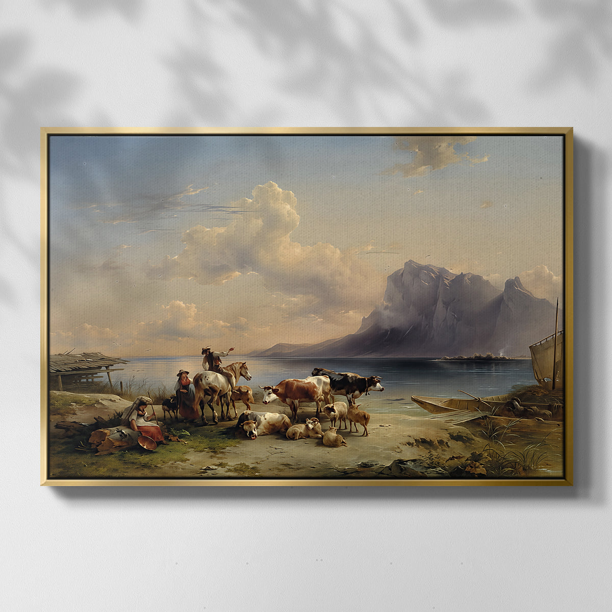Shepherds and Cattle on Lake Attersee, 1852 - Floater Framed Canvas Print