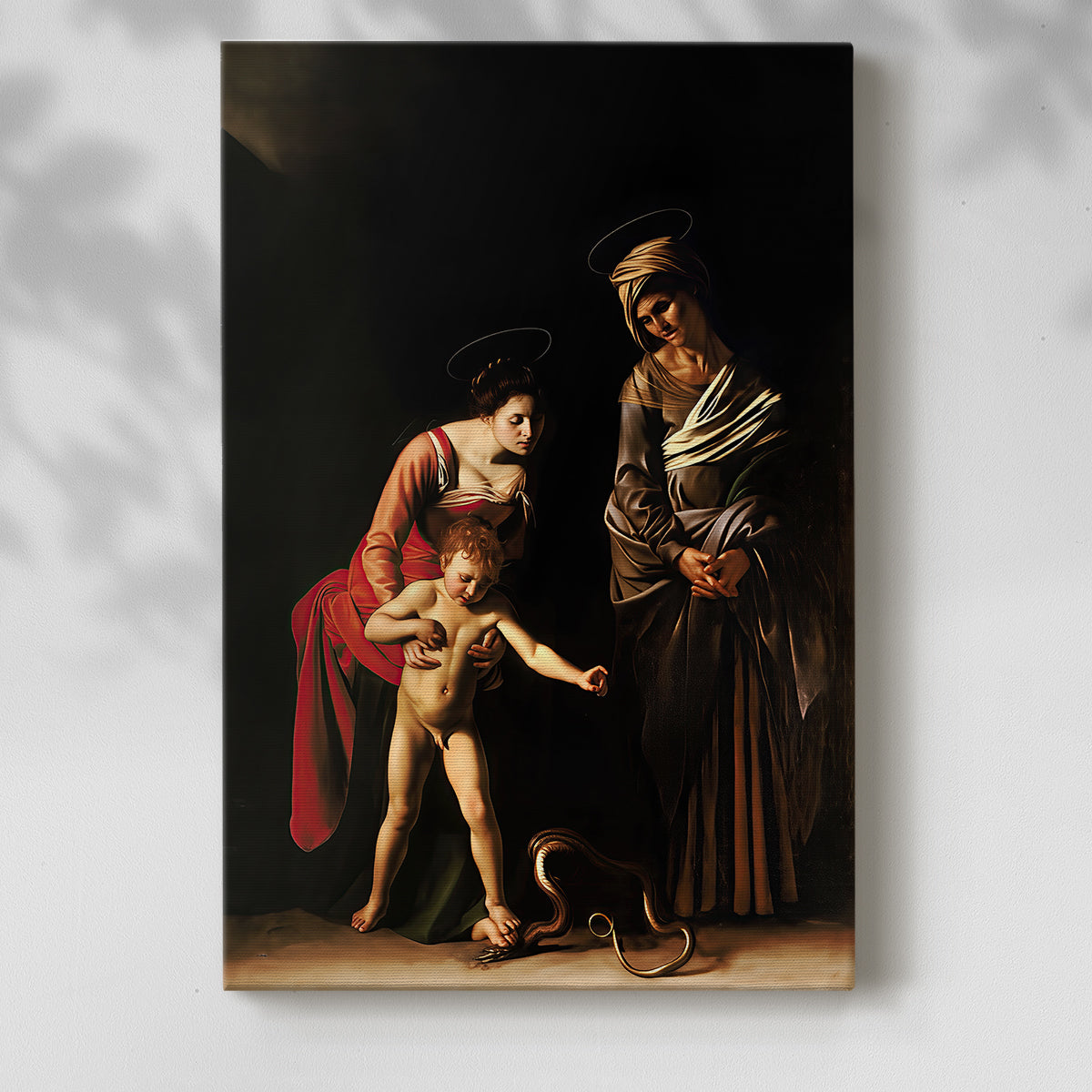Canvas art print of a religious composition with figures arranged in a calm grouping with a soft shadow on a white background.