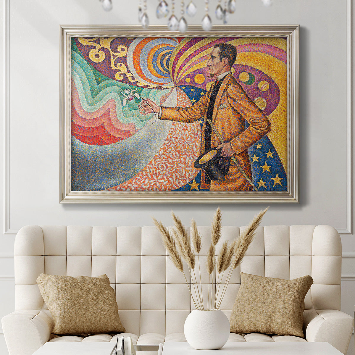 Neo-impressionist abstract portrait by Paul Signac in an ornate champagne frame displayed in a neutral-toned interior setting.