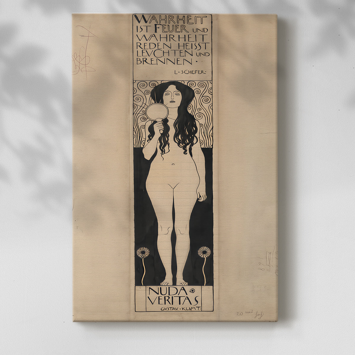 Canvas art print of a stylized figure with decorative elements and strong vertical form with a soft shadow on a white background.