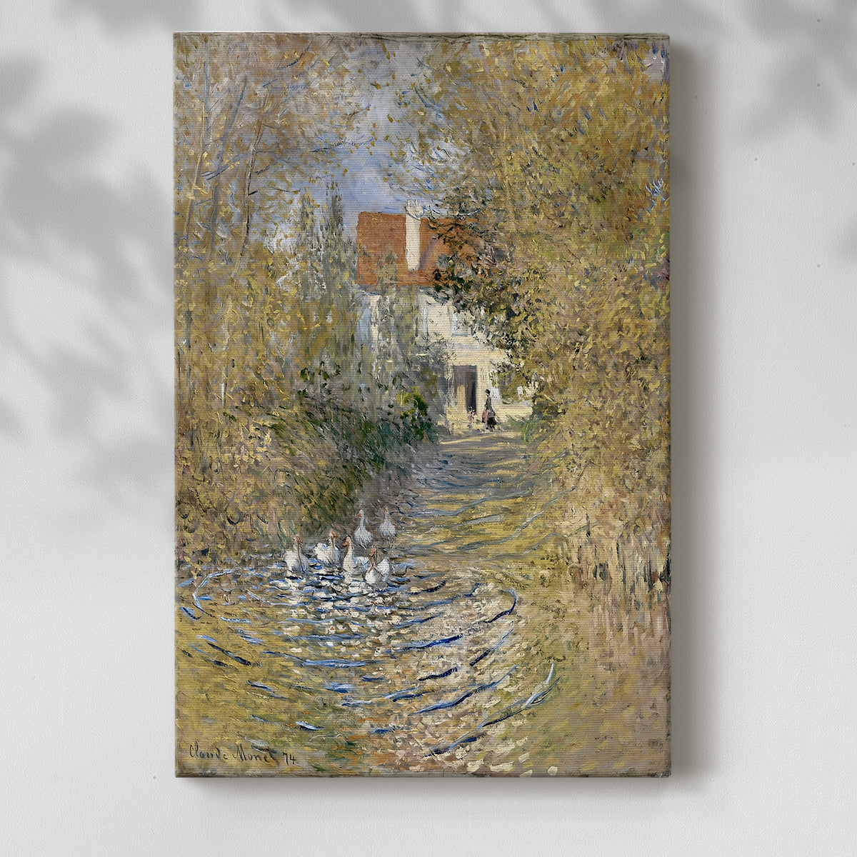 Canvas art print of a pastoral scene with birds in a natural setting with a soft shadow on a white background.