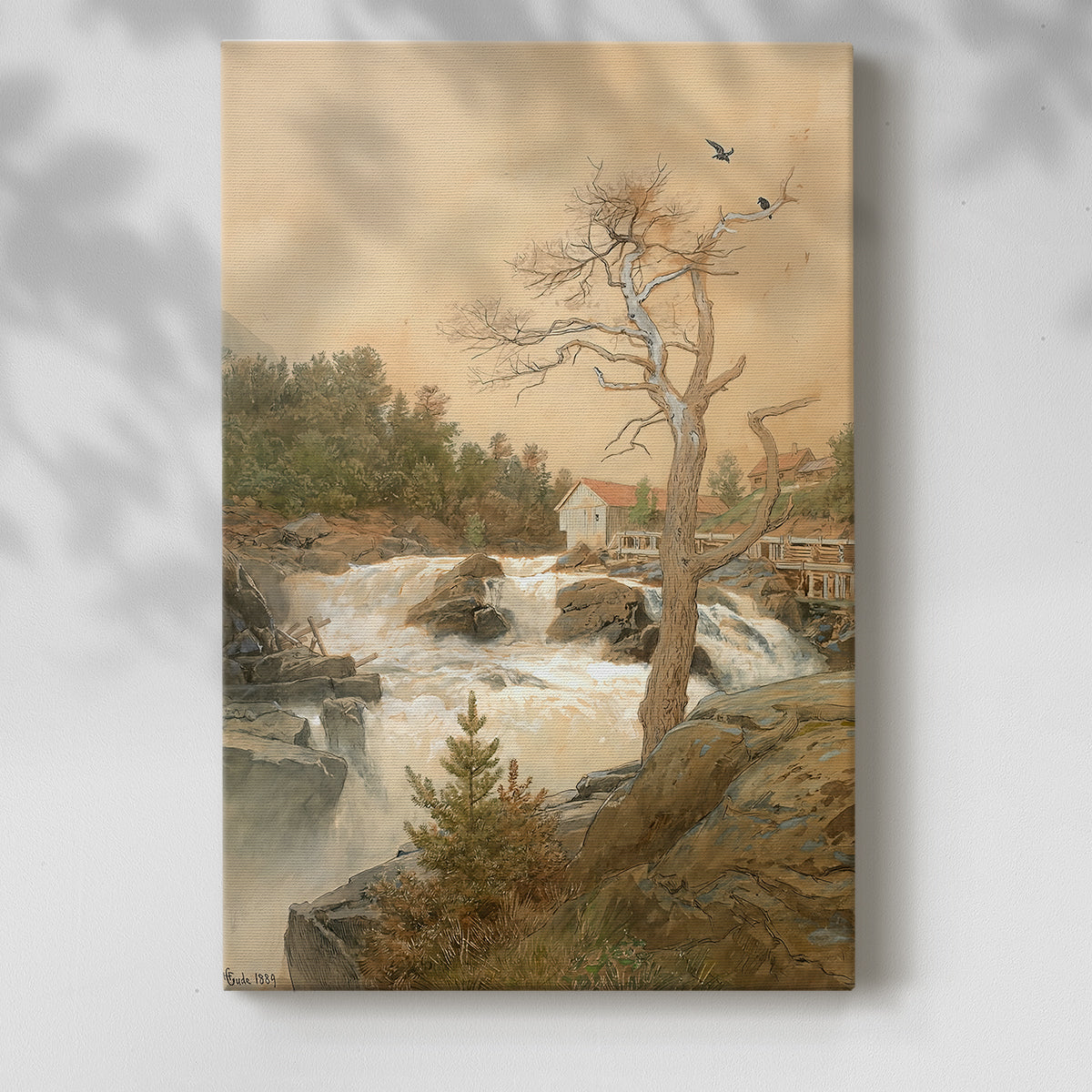 Canvas art print of a flowing water scene with natural textures and soft light with a soft shadow on a white background.