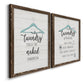 Angled view of a set of two walnut barnwood framed canvas prints featuring two rustic typographic wall art featuring humorous laundry-room sayings and clothing icons.