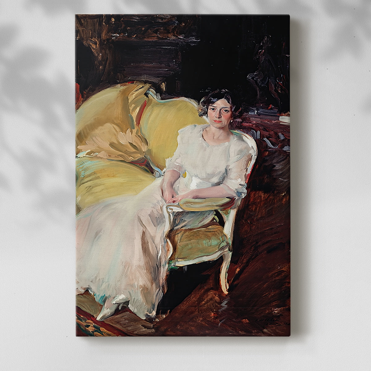 Canvas art print of a relaxed figure in a domestic setting with warm tones with a soft shadow on a white background.