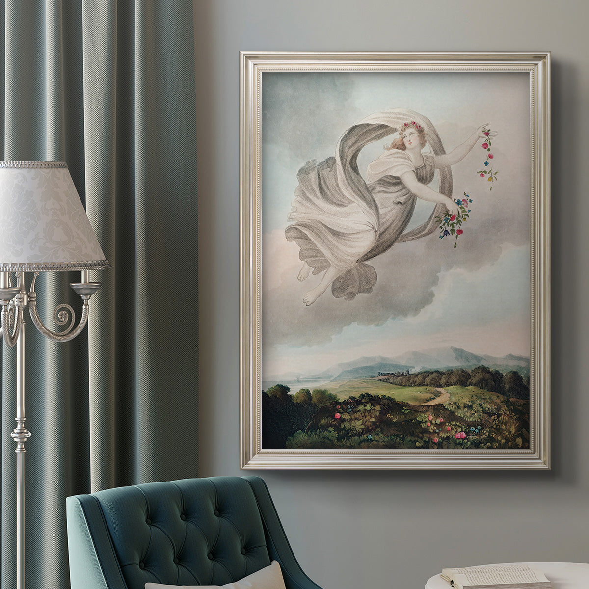 Classical allegorical depiction of the goddess Flora by Robert John Thornton in an ornate champagne frame displayed in a neutral interior setting.