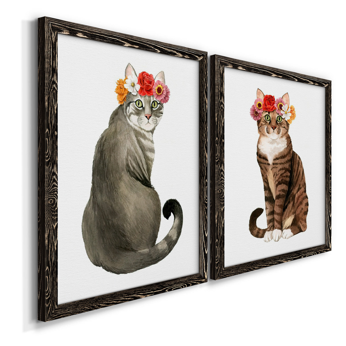 Flower Crown Cats I - Premium Framed Canvas 2 Piece Set - Ready to Hang