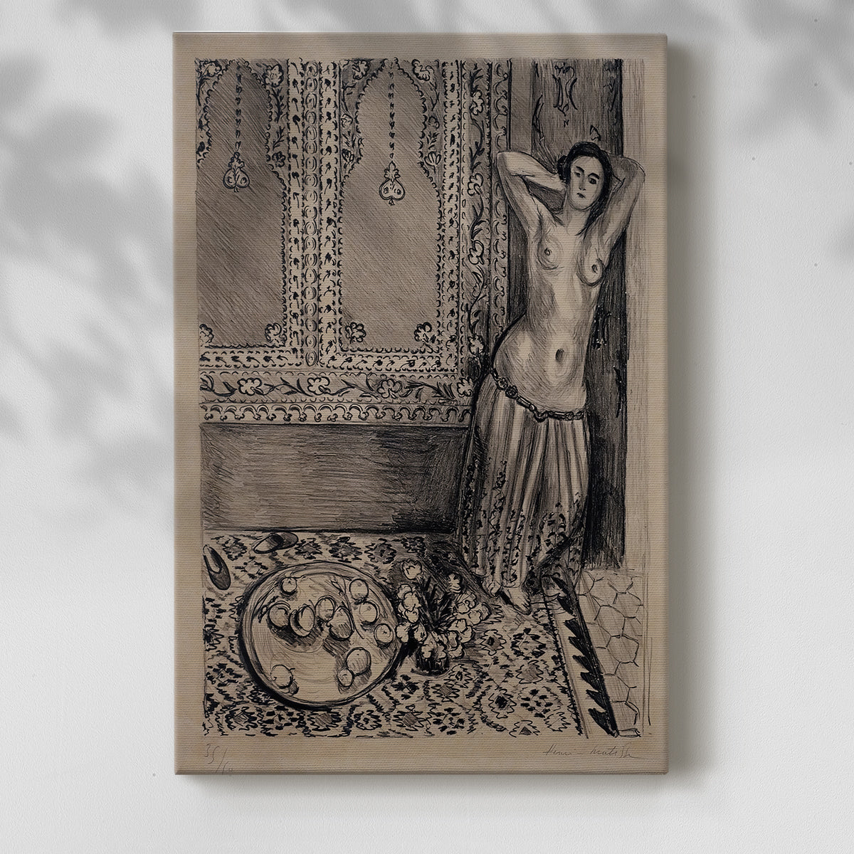 Canvas art print of a stylized figure with decorative costume and bold tones with a soft shadow on a white background.