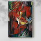 Canvas art print of an abstract animal scene with layered shapes and contrast with a soft shadow on a white background.