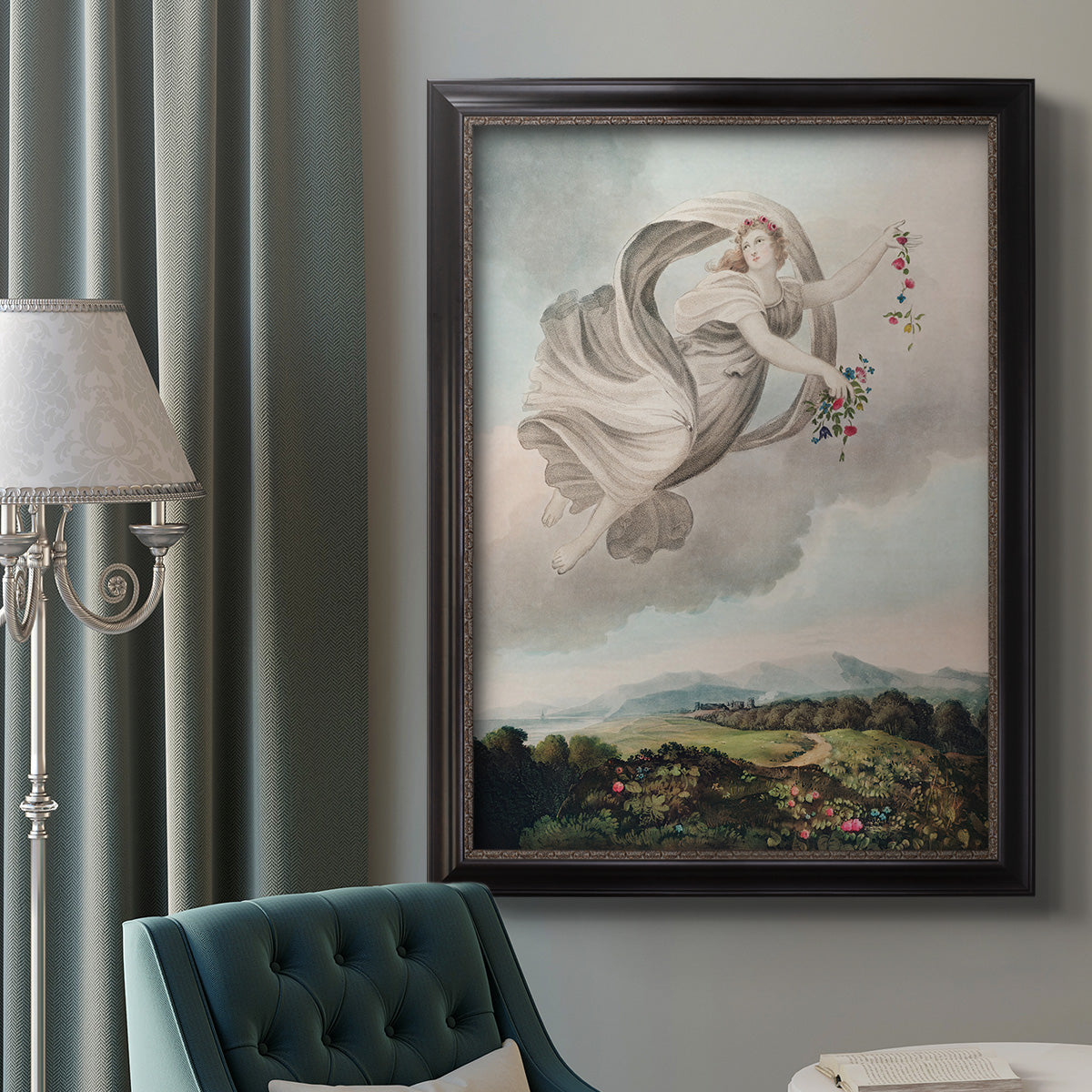 Classical allegorical depiction of the goddess Flora by Robert John Thornton in an ornate black frame with gilded inner detail displayed in a neutral interior setting.