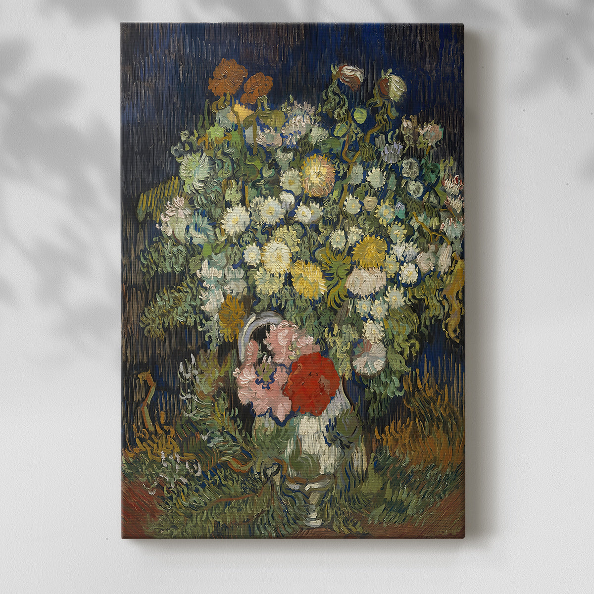 Canvas art print of a vibrant floral arrangement with textured strokes and bright tones with a soft shadow on a white background.