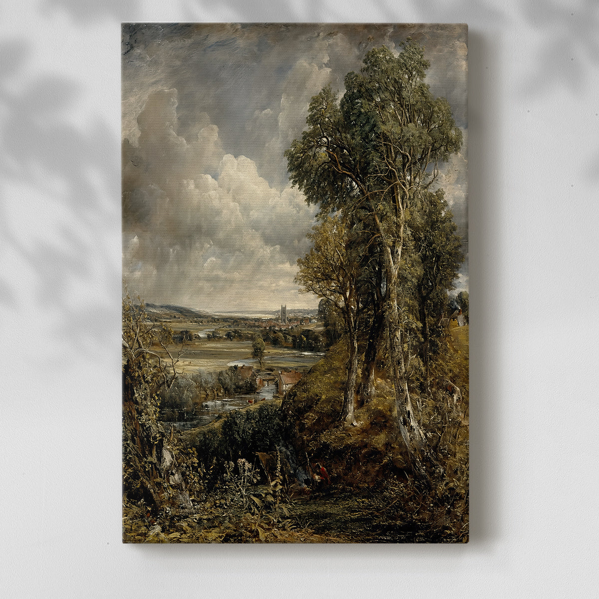 Canvas art print of a panoramic countryside with soft light and layered depth with a soft shadow on a white background.