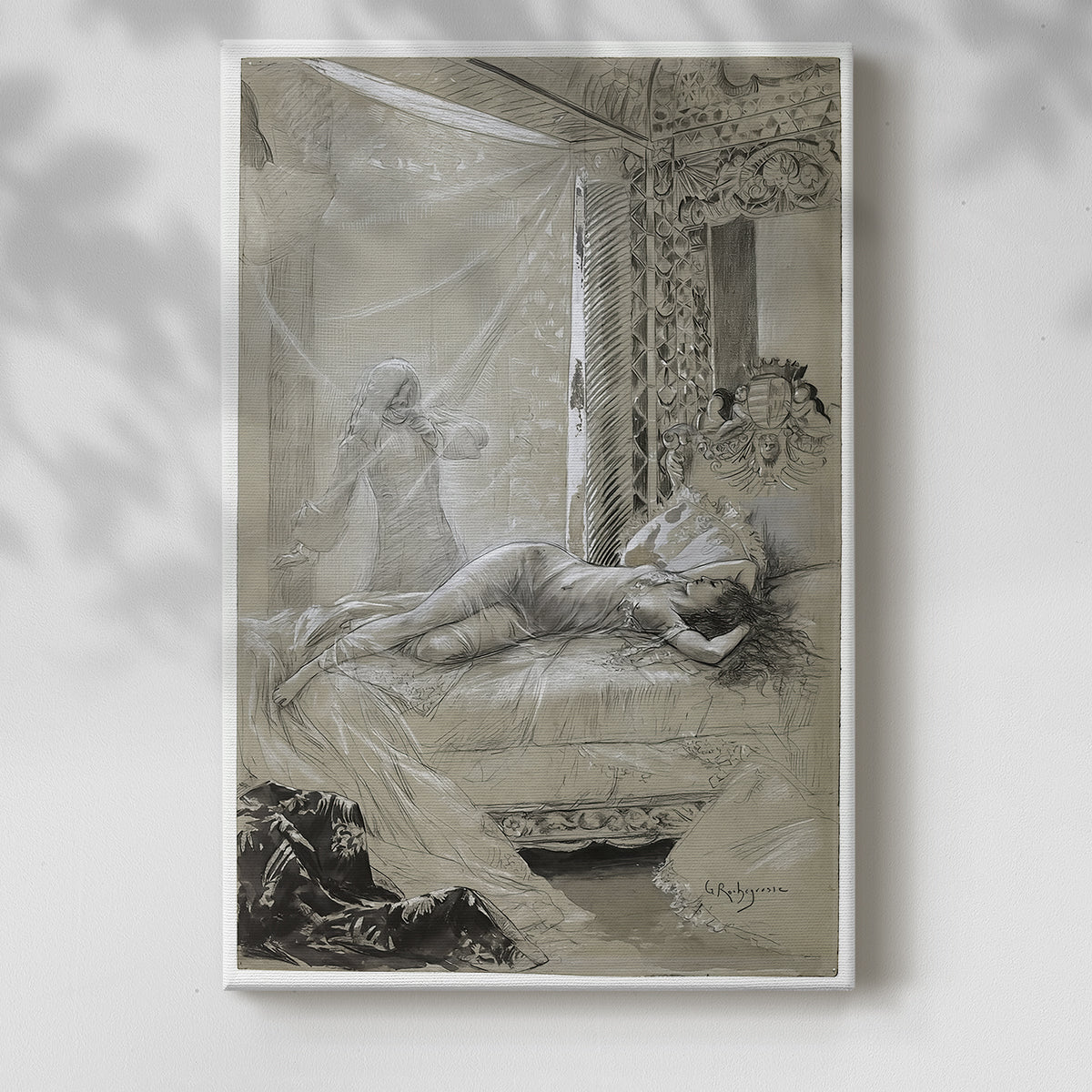 Canvas art print of a figure resting in a softly lit decorative interior with a soft shadow on a white background.